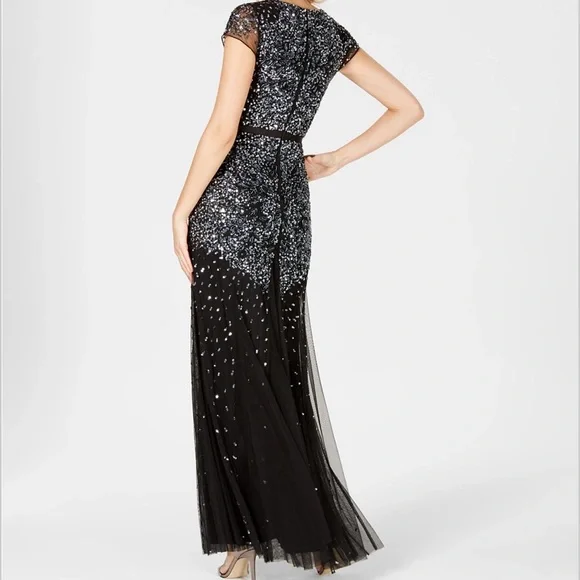 Sz 14 Adrianna Papell beaded chiffon black floor-length gown, V-neckline, NWT - Picture 3 of 14